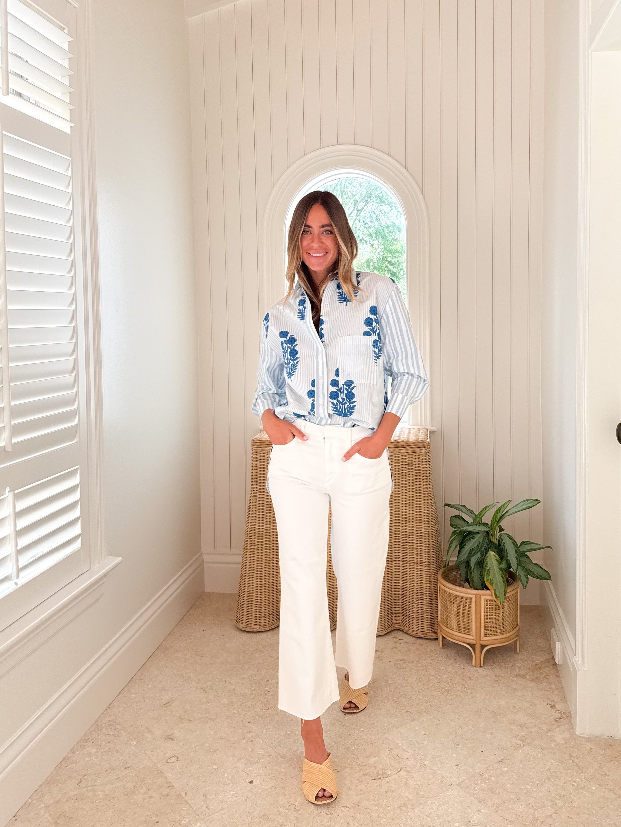 Poplin Oversized Button-Down Poppy Stripe in Aegean