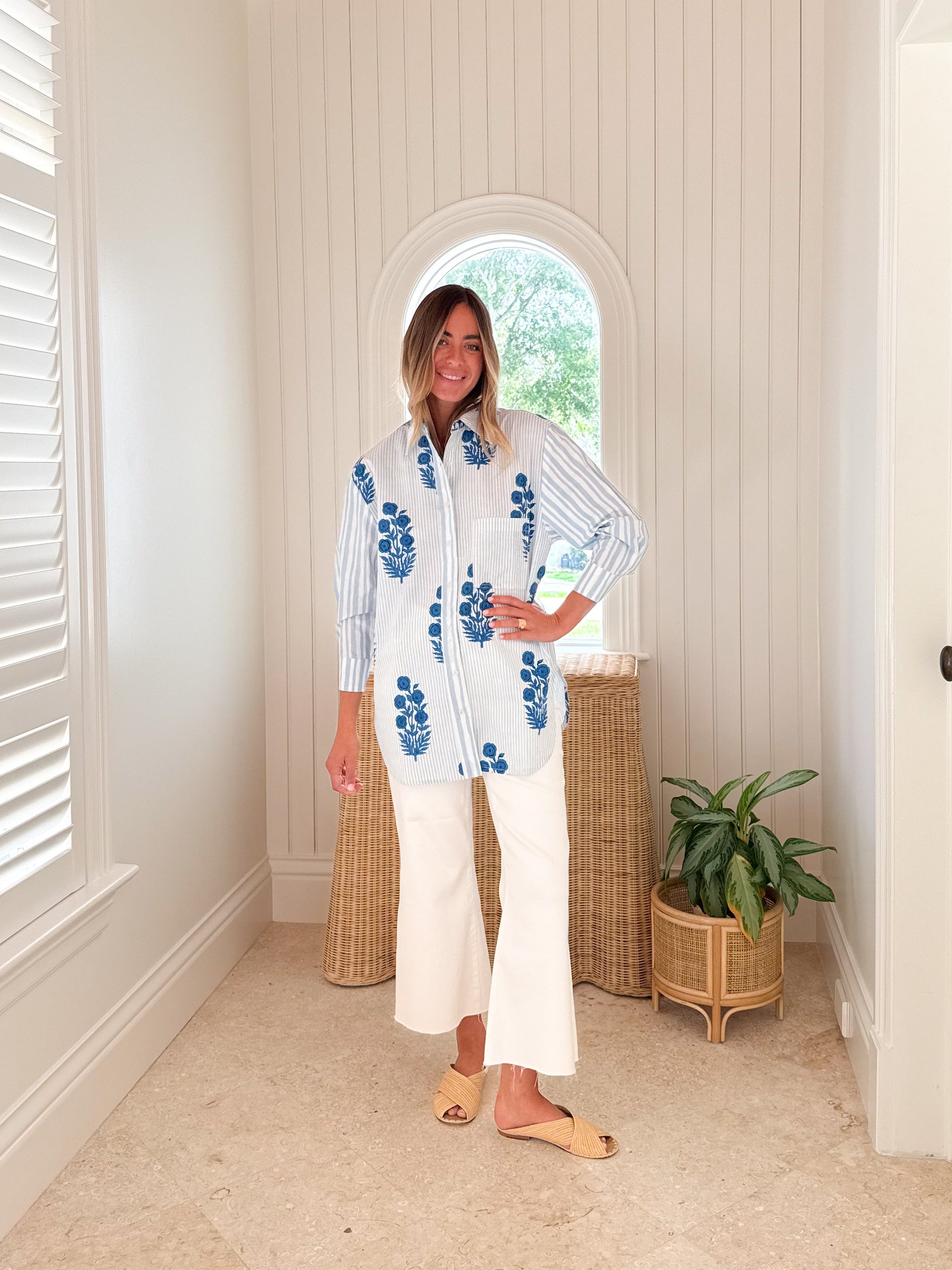 Poplin Oversized Button-Down Poppy Stripe in Aegean